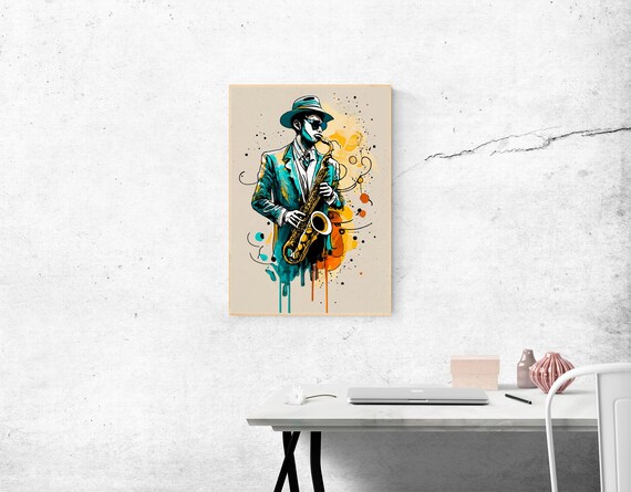 Jazz Saxophonist In Hat Teal Orange Splash Illustration Poster