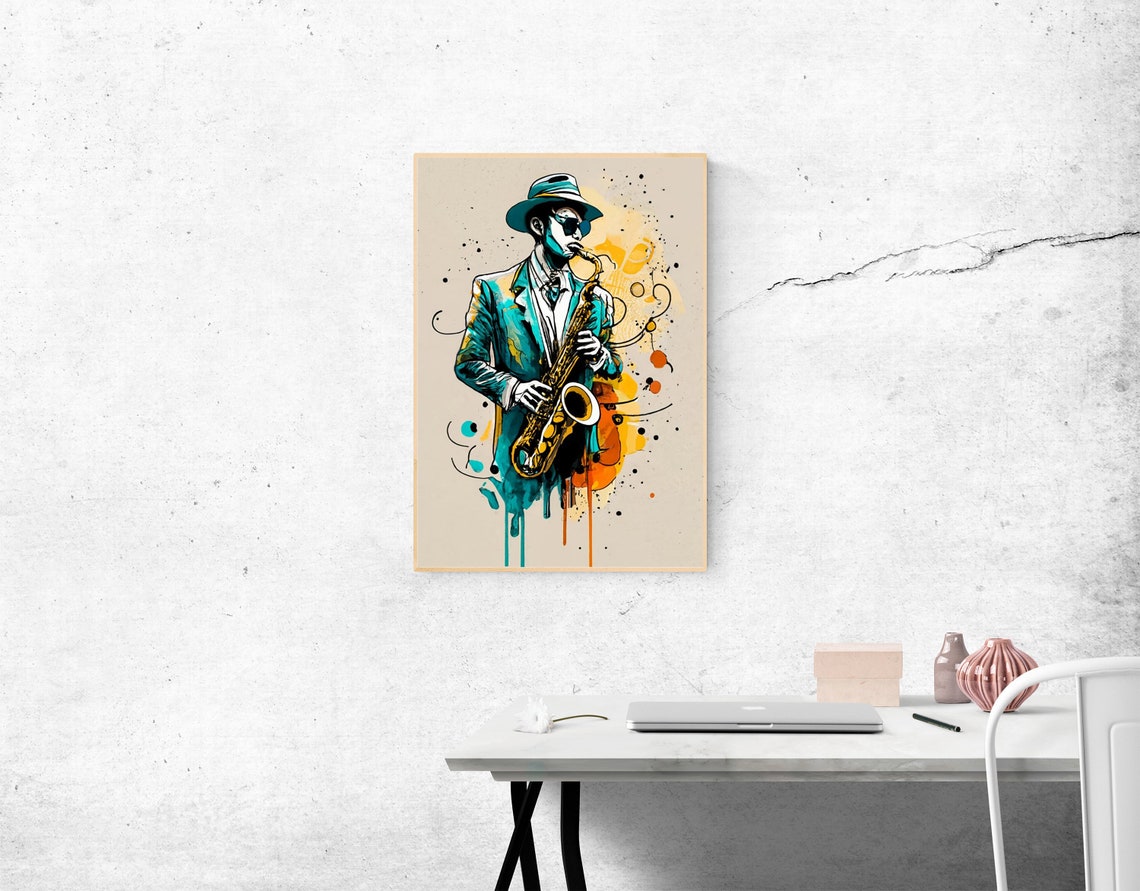 Jazz Saxophonist In Hat Teal Orange Splash Illustration Poster