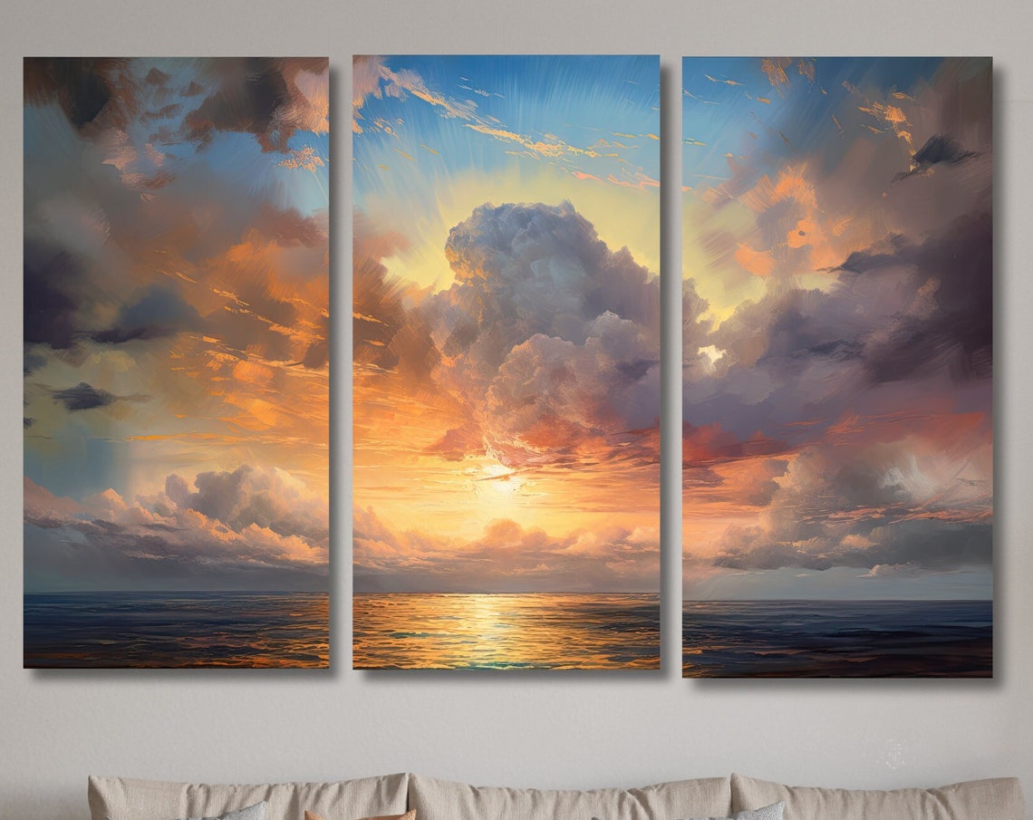 Ocean Sunset Clouds Triptych 3 Panel Seascape Canvas Nature Wall Art
