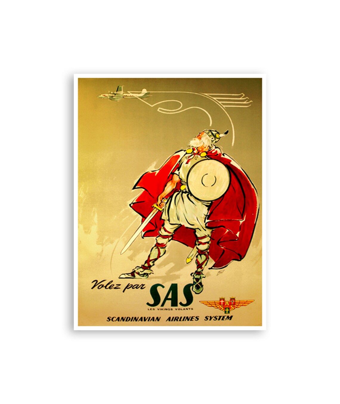 SAS Viking Warrior Scandinavian Airlines System Vintage Travel Poster