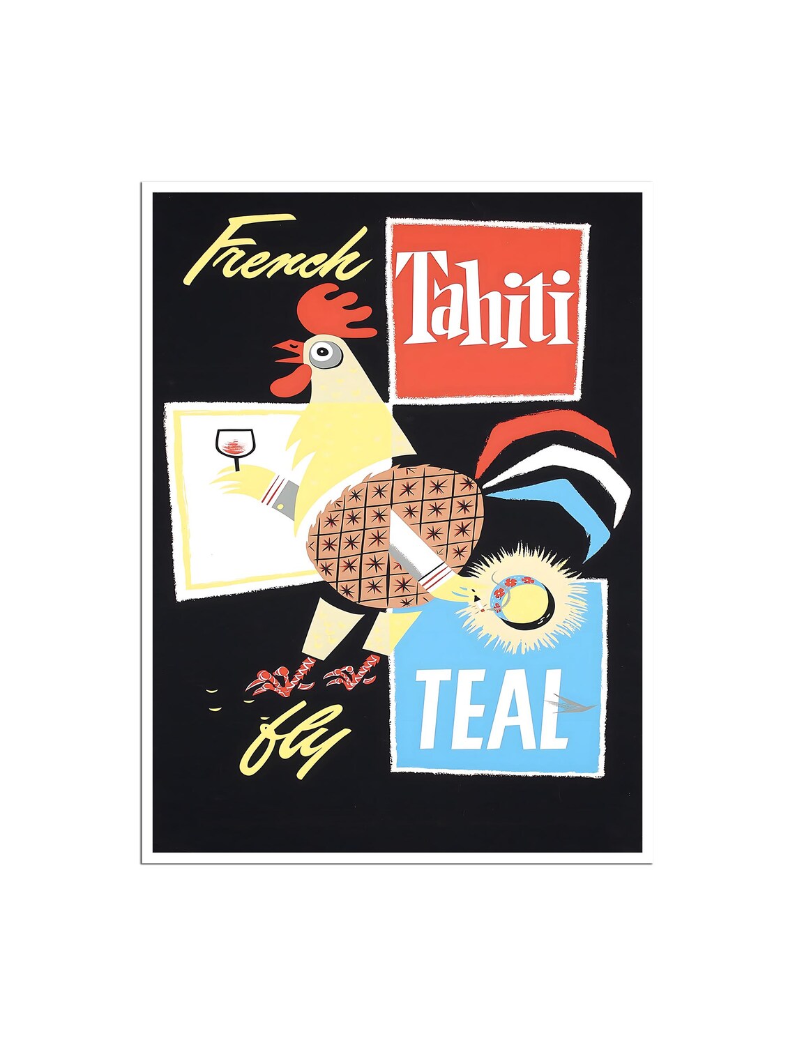 French Tahiti Gallic Rooster Fly TEAL Airline Vintage Travel Poster