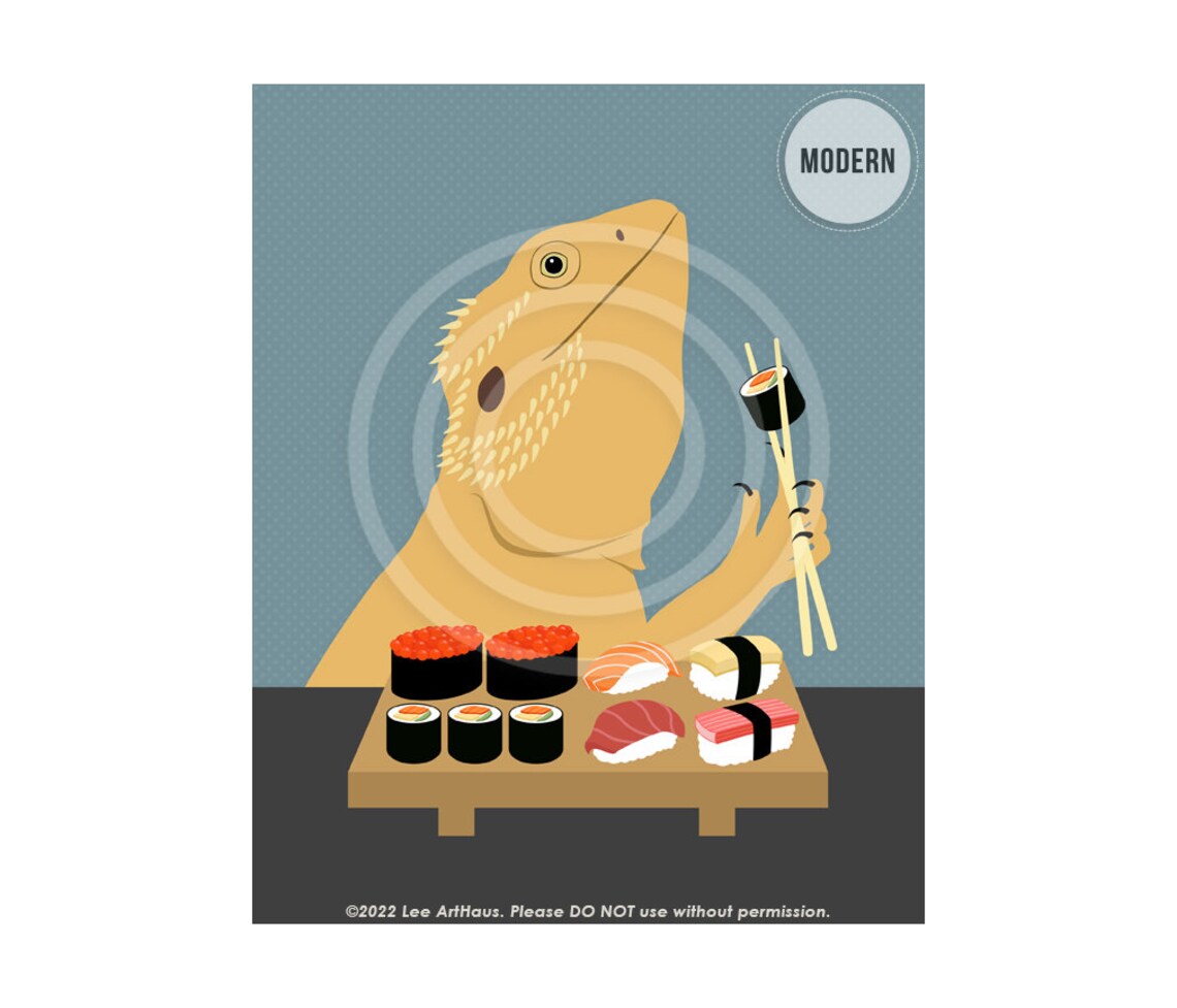 Bearded Dragon Eating Sushi With Chopsticks Funny Animal Art Poster - Image 2