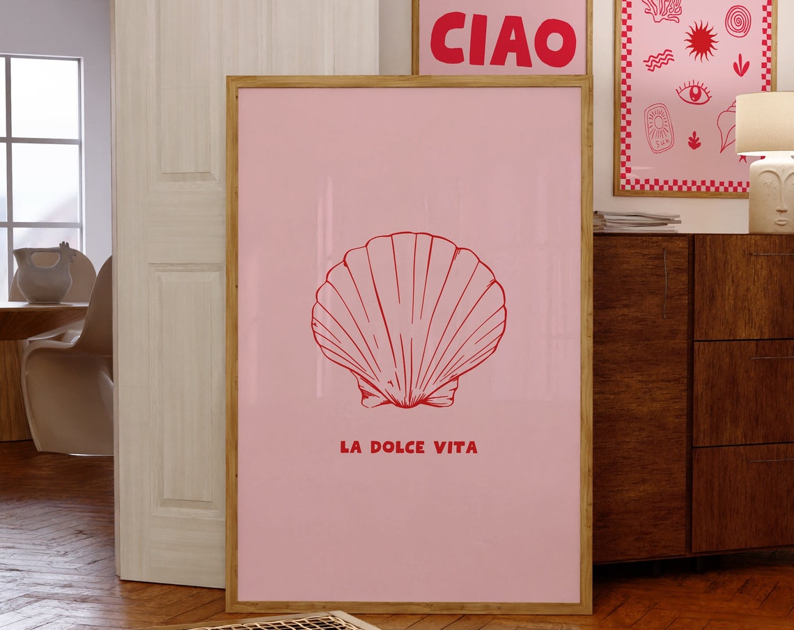 La Dolce Vita Red Script Pink Scallop Shell Italian Wall Poster