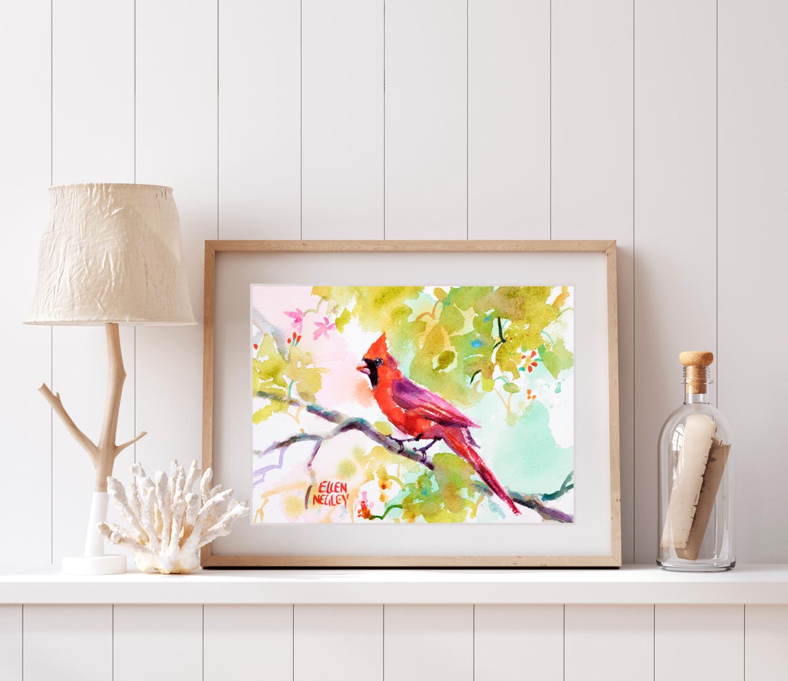 Northern Cardinal Watercolor Bird on a Blossom Branch Poster - Image 3