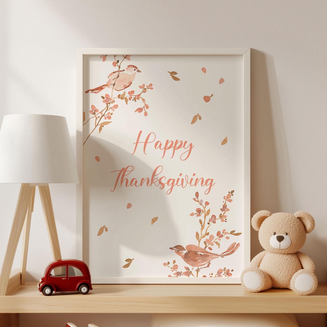 Happy Thanksgiving Watercolor Birds on Autumn Branches Poster