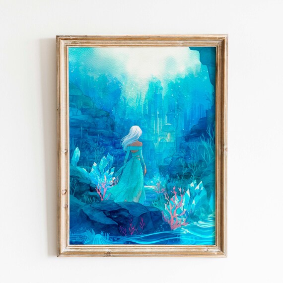 White Haired Woman In Teal Gown Glowing Underwater Grotto Fantasy Poster
