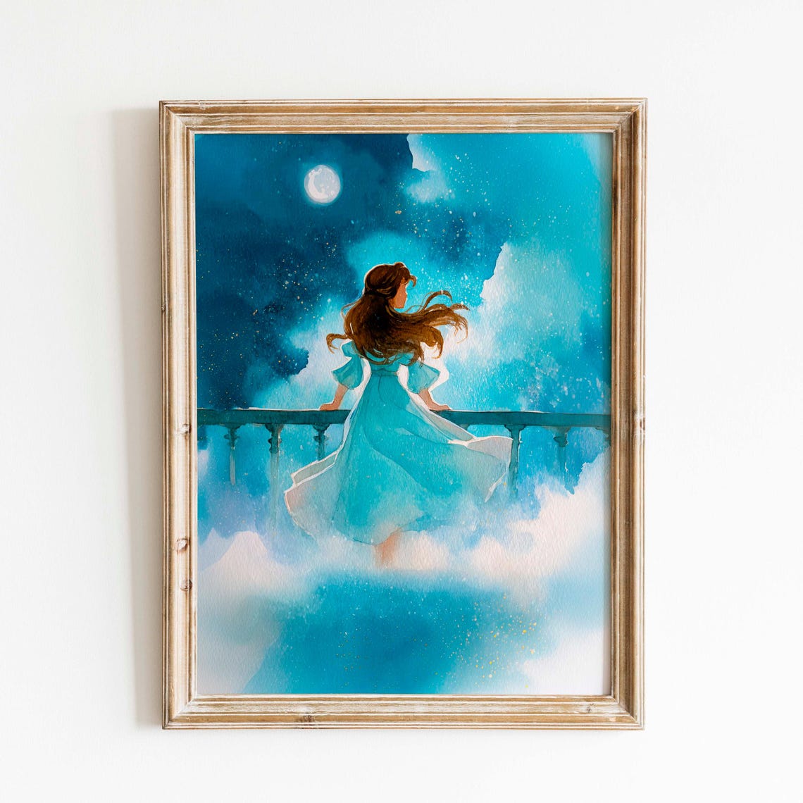 Girl In Flowing Blue Dress On Moonlit Balcony Starry Night Poster