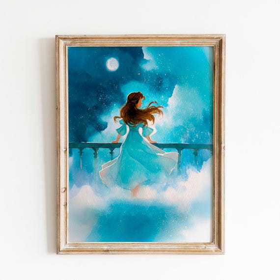 Wendy Darling Watercolor Print Dreamy Night Sky Balcony