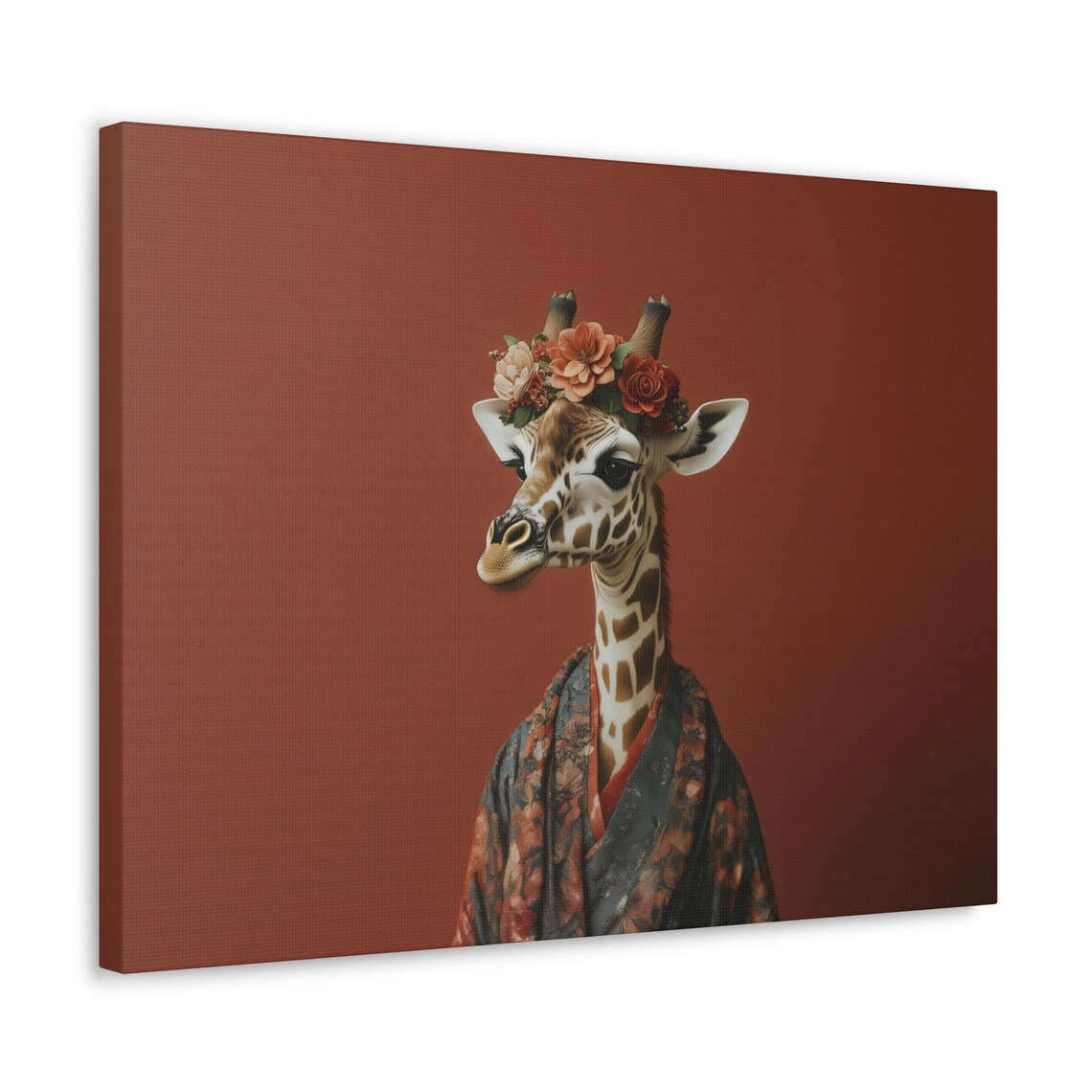 Giraffe Fashionista Portrait Floral Crown Kimono Robe Terracotta Poster - Image 2