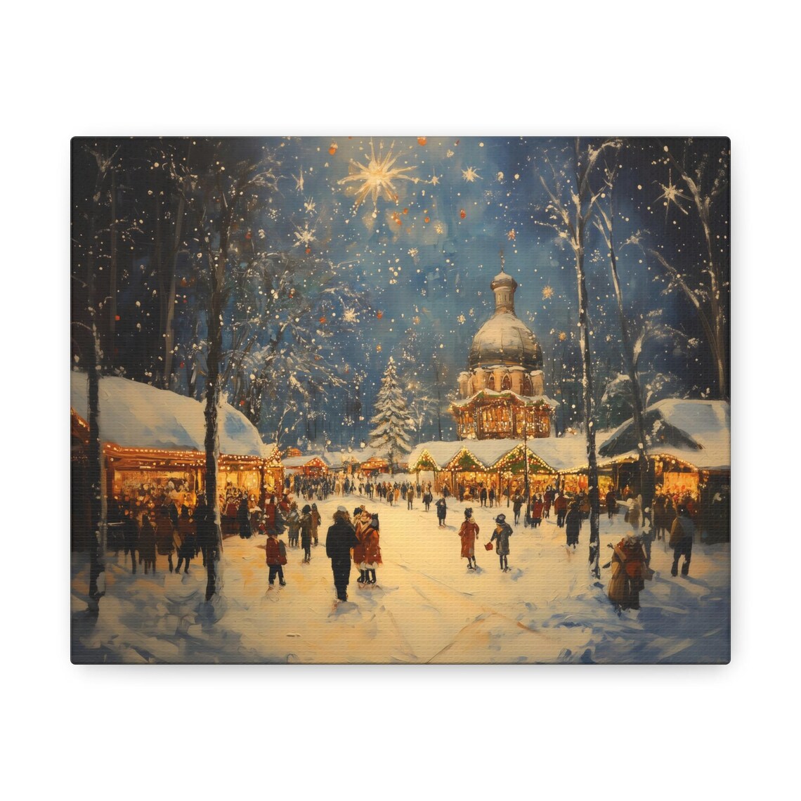 Winter Festival Market Under Sparkling Night Sky With Crowds And Lights Print - Image 3