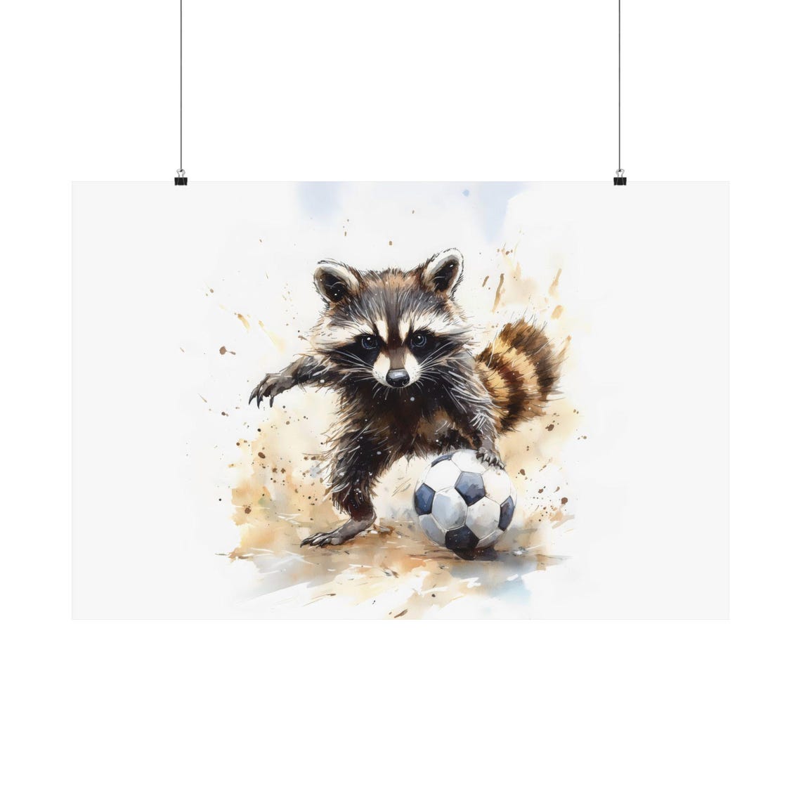 Cute Raccoon Soccer Player Watercolor Art Ball Kick Kids Room Poster - Image 3