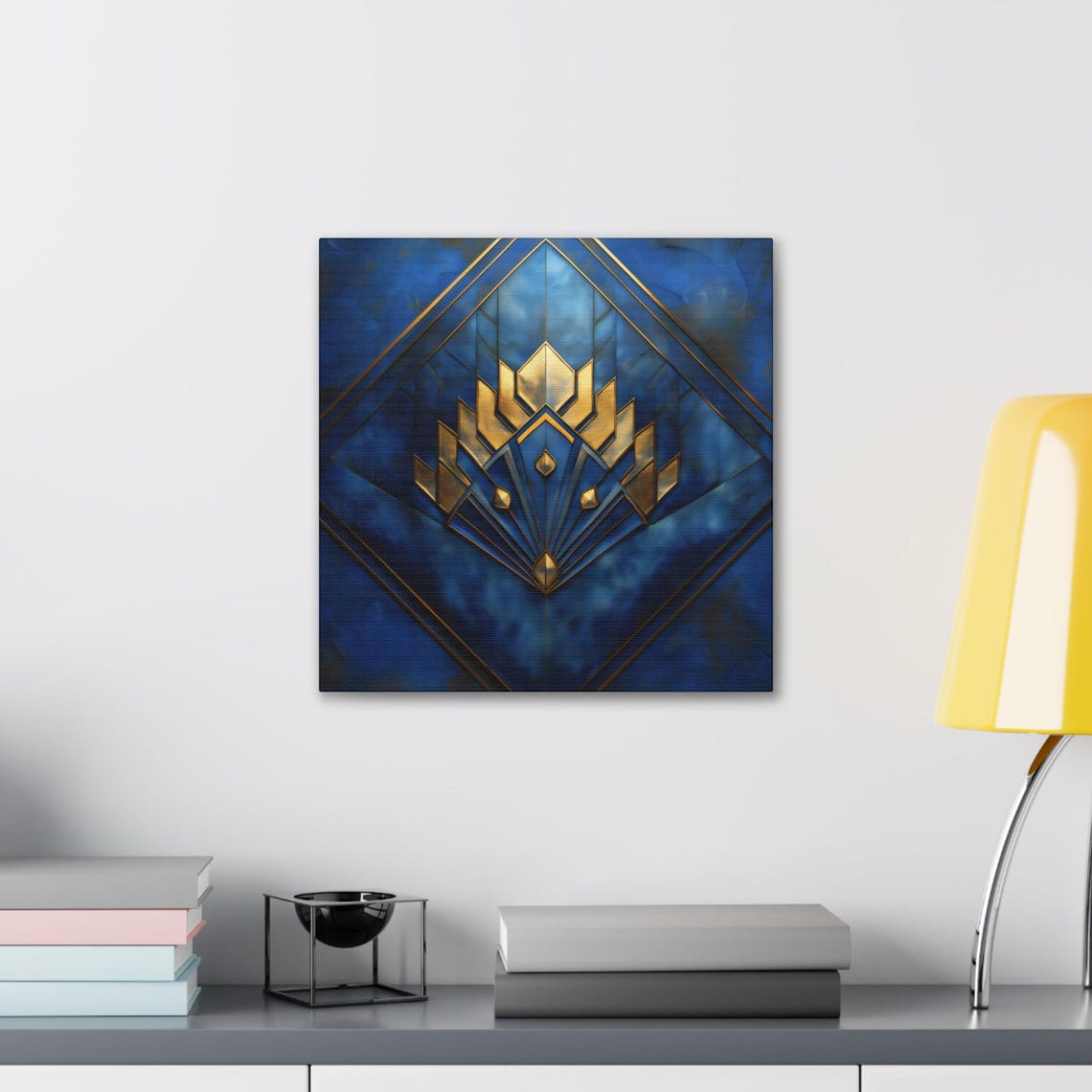 Art Deco Blue Gold Fan Diamond 1920s Geometric Metallic Wall Poster - Image 2