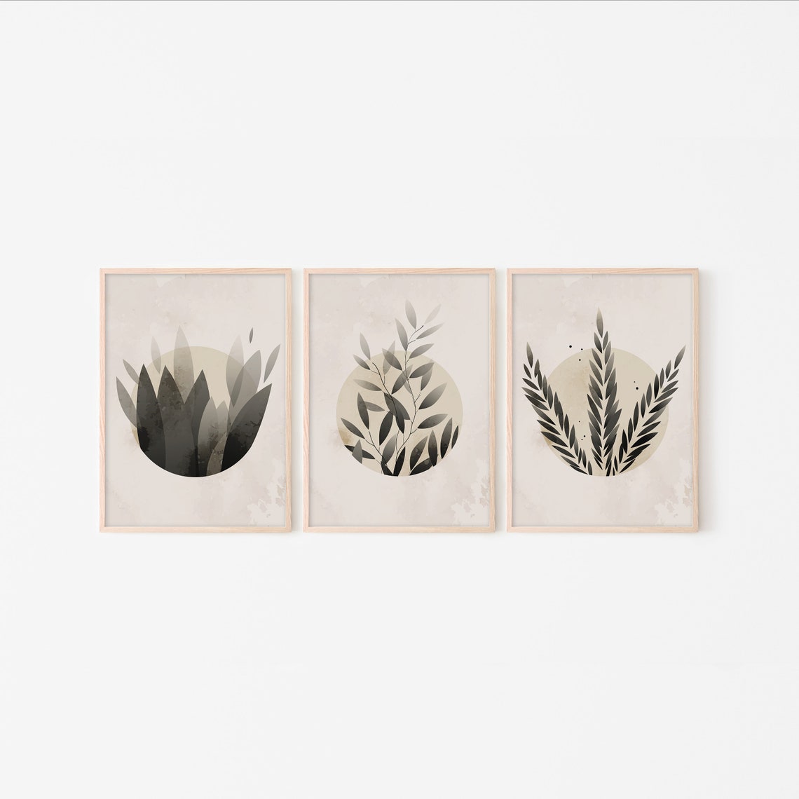 Gray Watercolor Botanical Moon Circles Three Panel Minimalist Poster