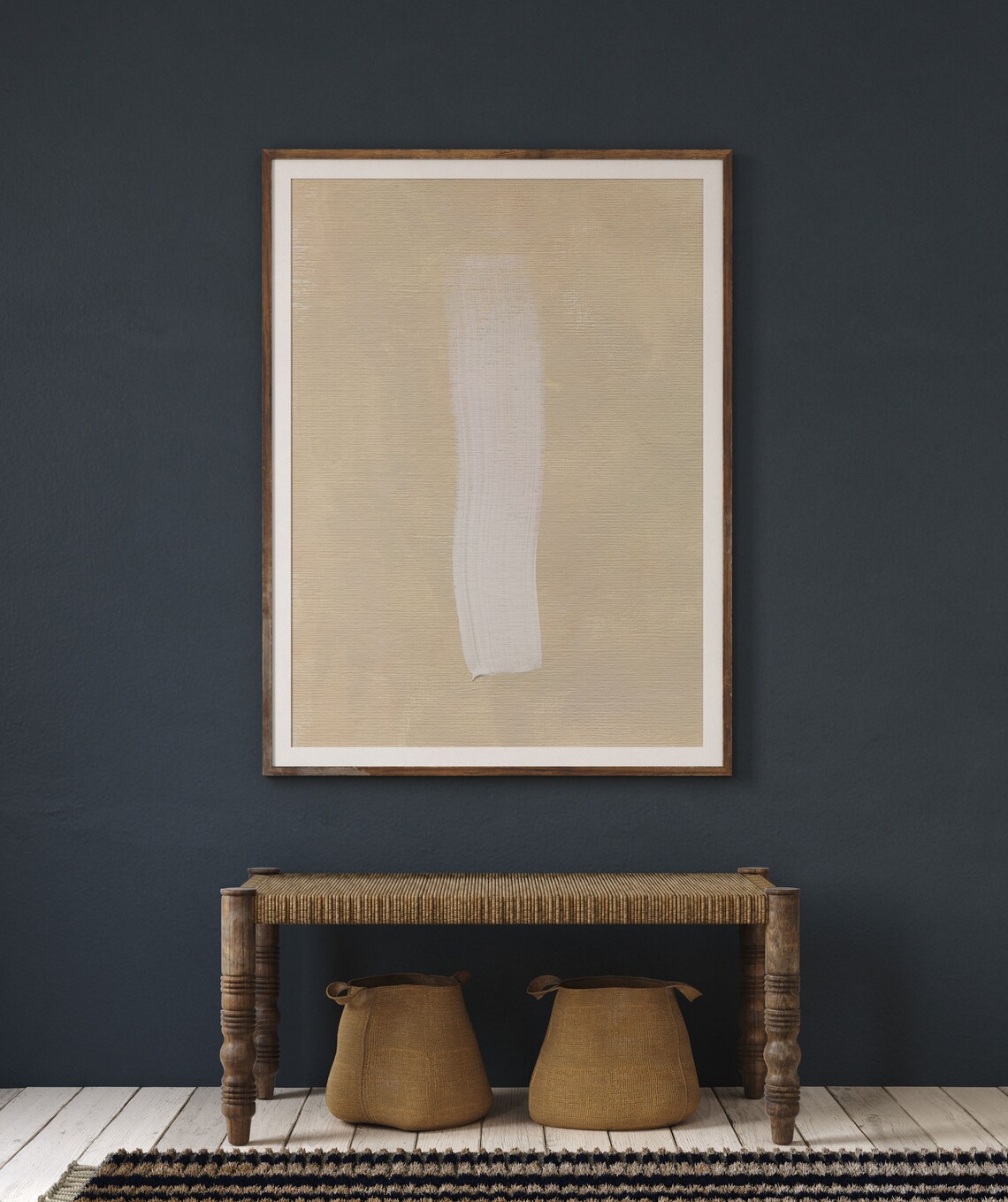 Single White Brushstroke Textured Beige Minimalist Abstract Art Poster - Image 2