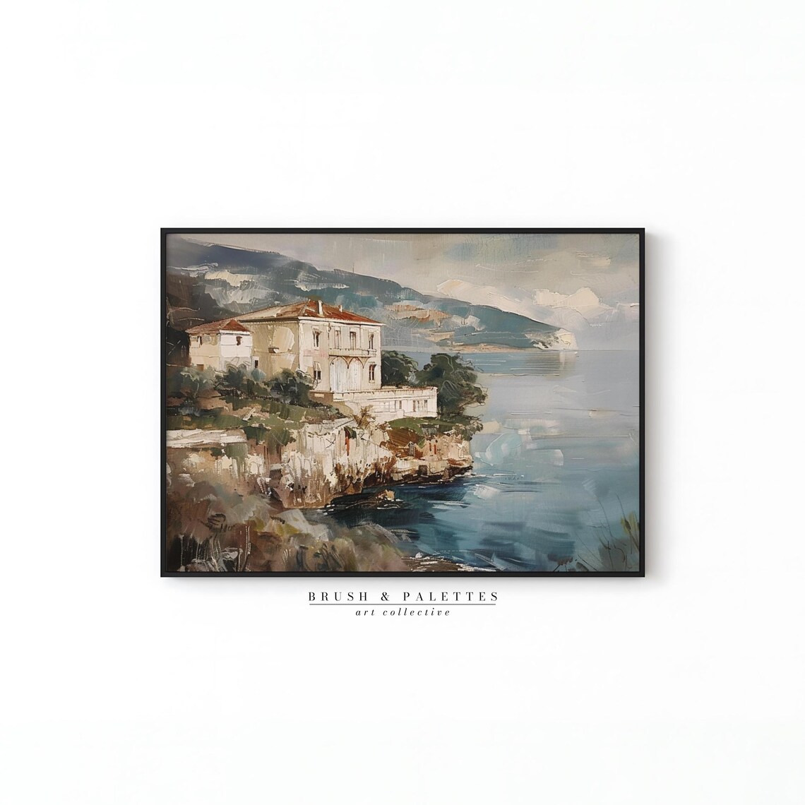 European Coastal Villa On Cliff Vintage Seaside Oil Painting Poster - Image 3