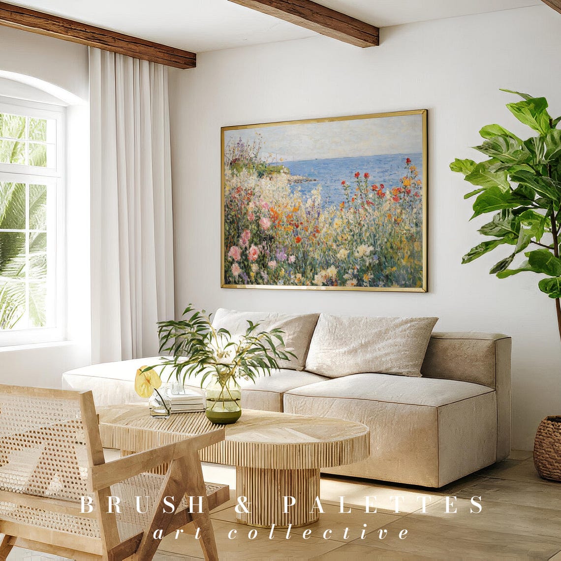 Wildflowers By The Sea Art Print, Coastal Floral Landscape - Image 3