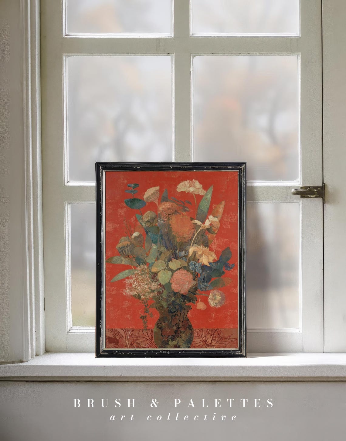 Bold Floral Bouquet On Deep Red Background Modern Still Life Print - Image 2