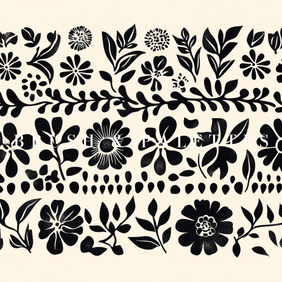 Black Cream Floral Pattern Folk Art Botanical Motif Design Poster - Image 3