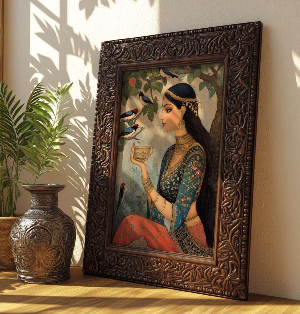 Indian Woman With Teacup and Songbirds Mughal Style Painting Poster - Image 3