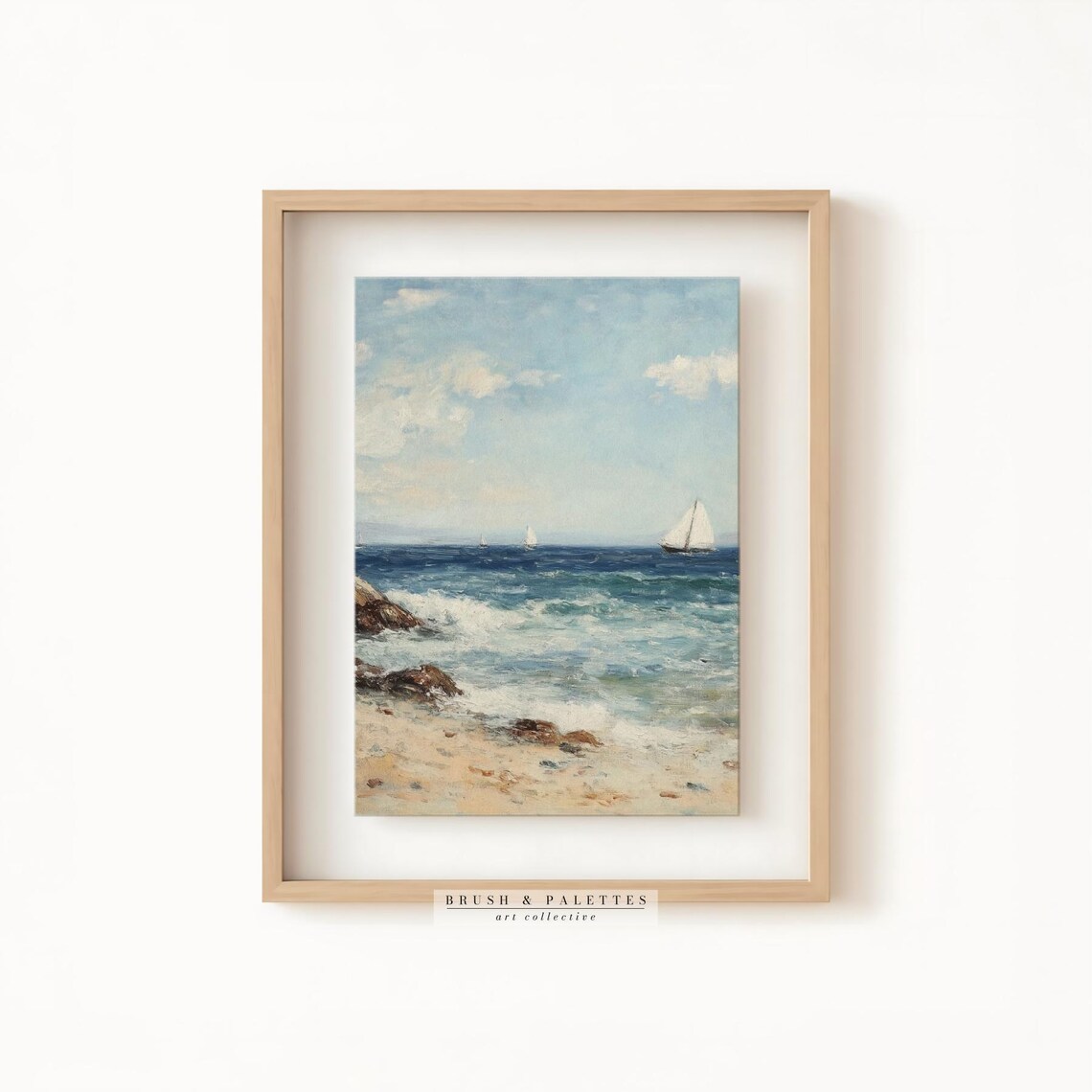 Seaside Sailboats Rocky Shore Ocean Oil Painting Coastal Poster - Image 2