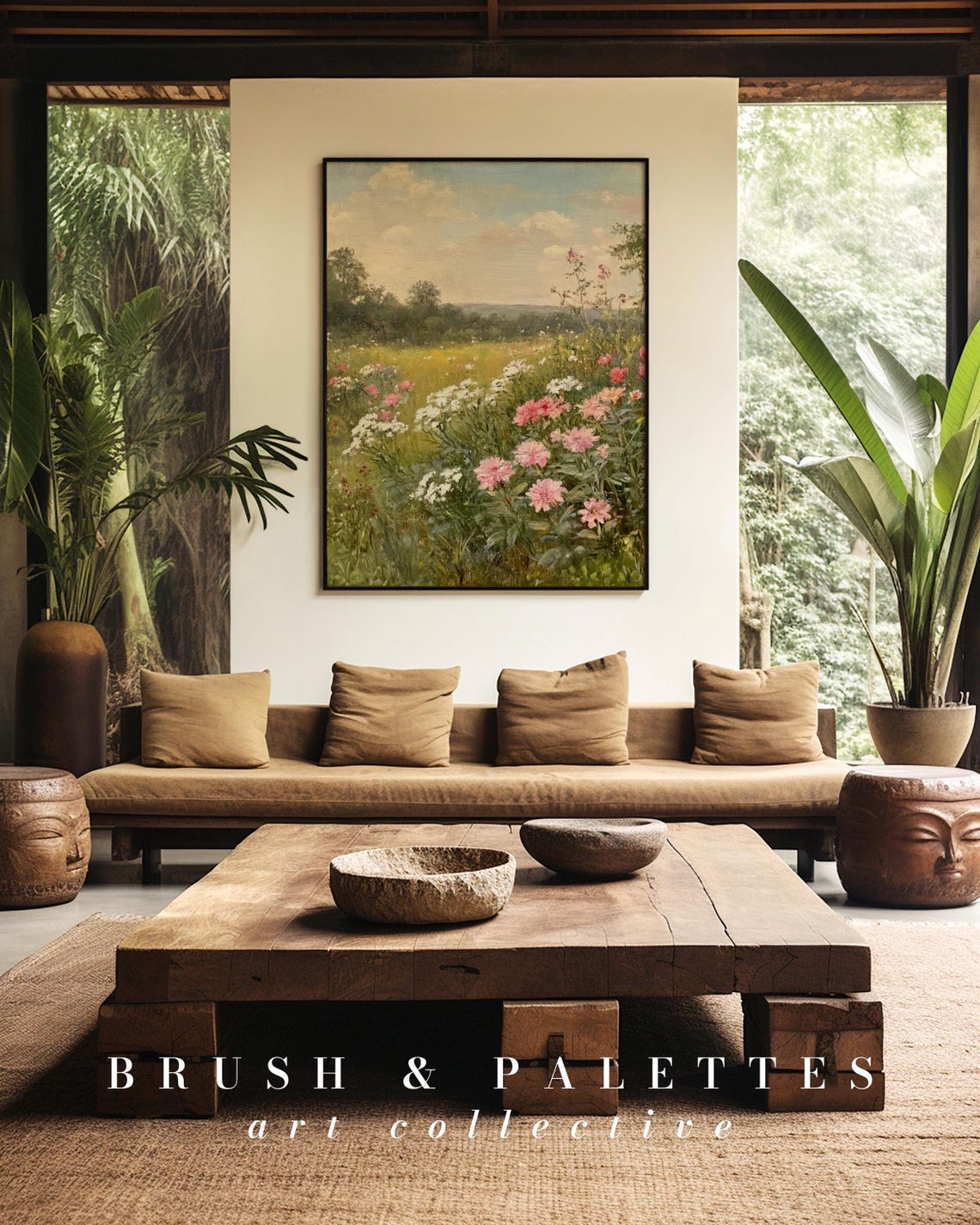Pink Dahlias In Summer Meadow Print Floral Landscape Oil Painting Romantic Country Art For Farmhouse Cottage Homes - Image 2