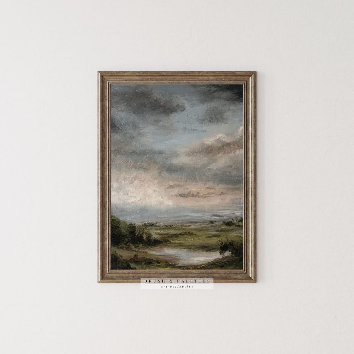 Stormy Cloud Sky Over Green Marsh Valley Oil Landscape Print - Image 3