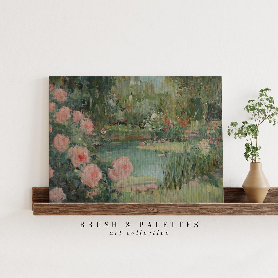 Pink Rose Garden Quiet Pond Impressionist Floral Landscape Print - Image 2