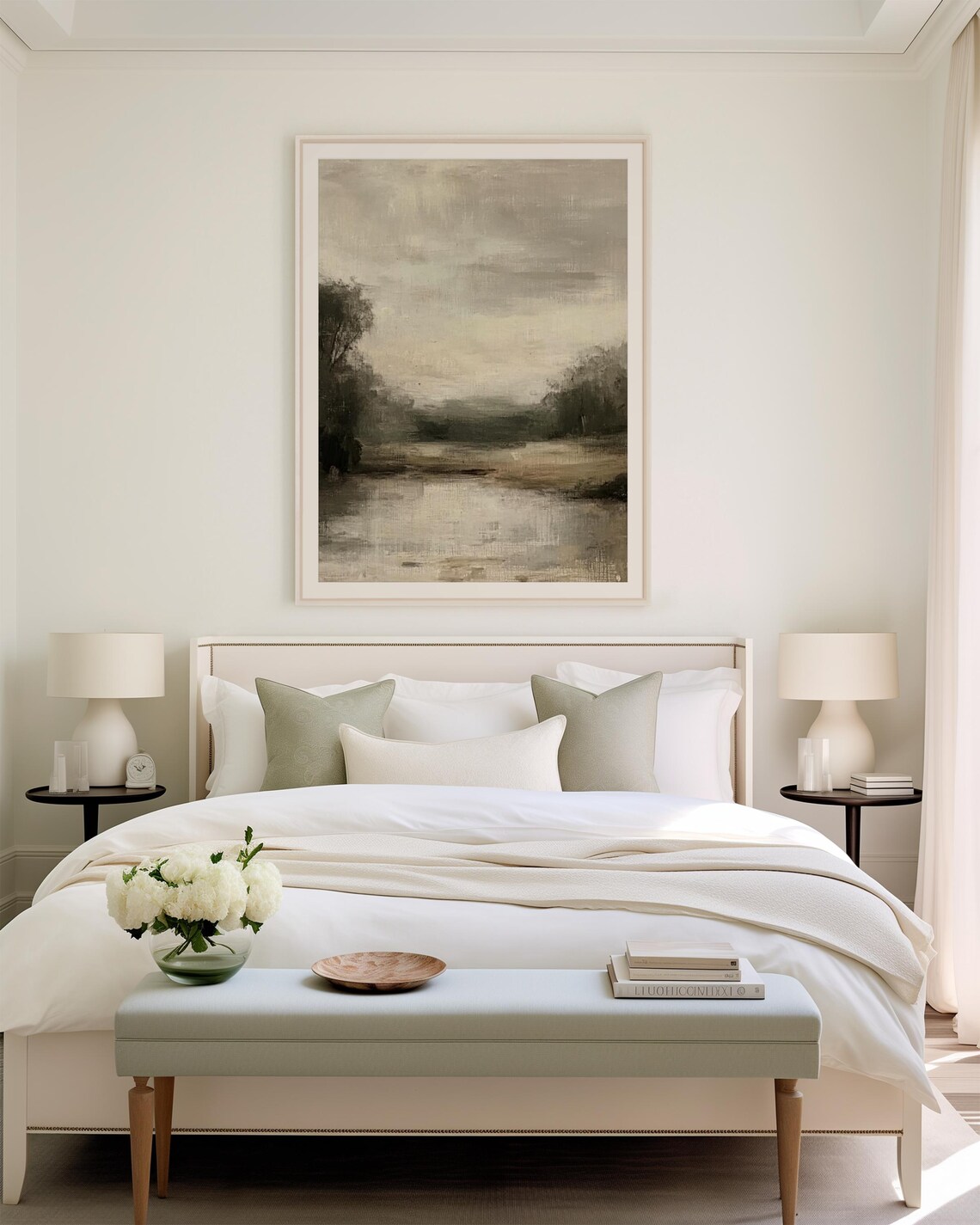 Neutral Landscape Painting, Calm River Countryside Art Print - Image 2