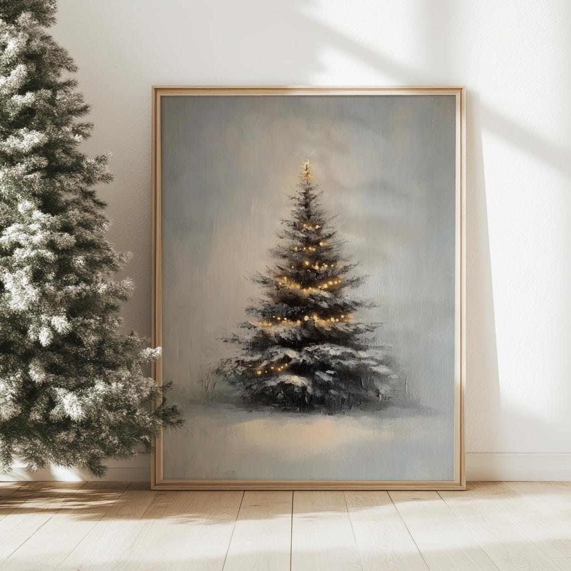 Snowy Christmas Tree With Glowing Lights Serene Winter Holiday Poster - Image 3