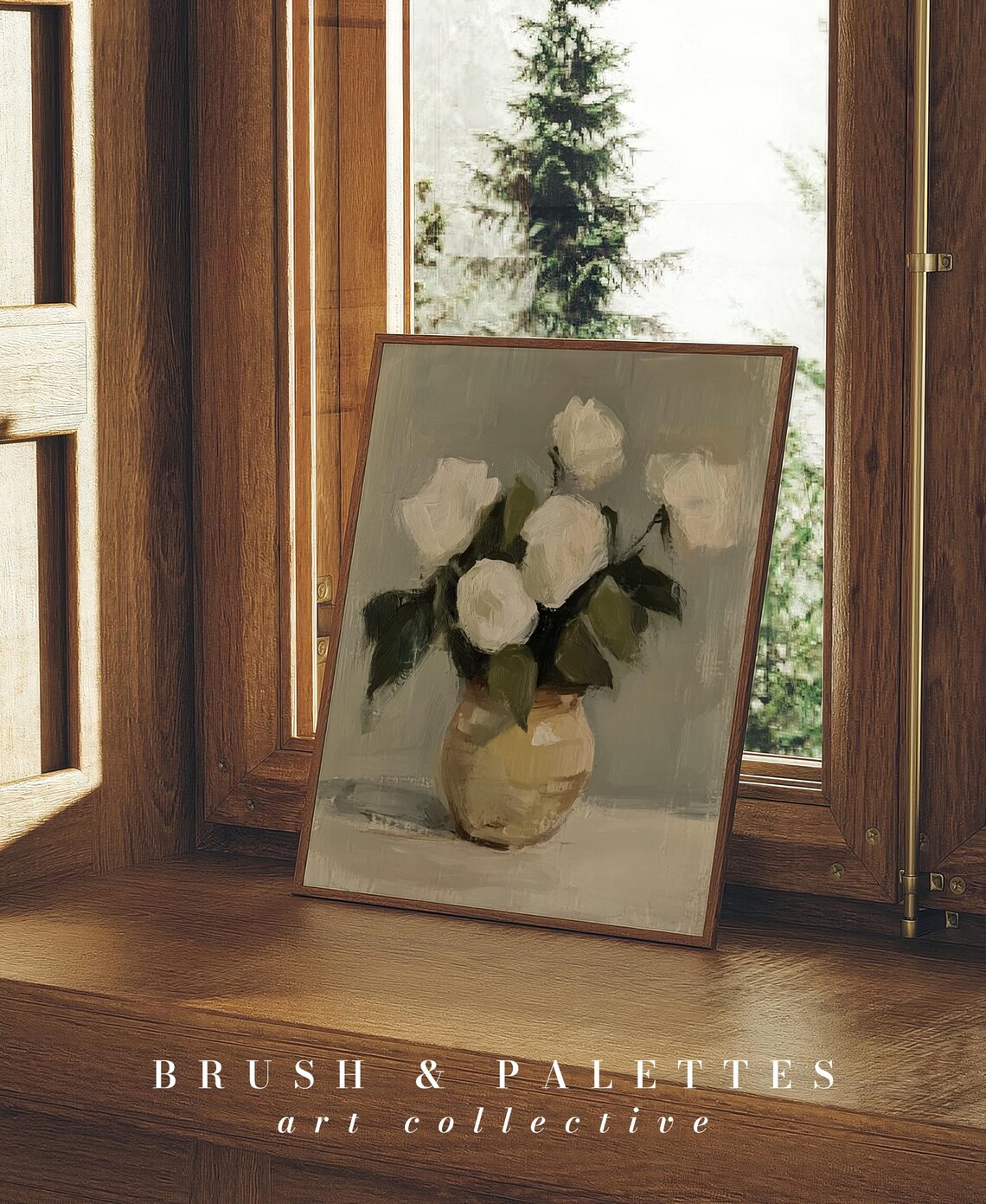 White Roses In Beige Vase Minimalist Still Life Floral Painting Poster - Image 3