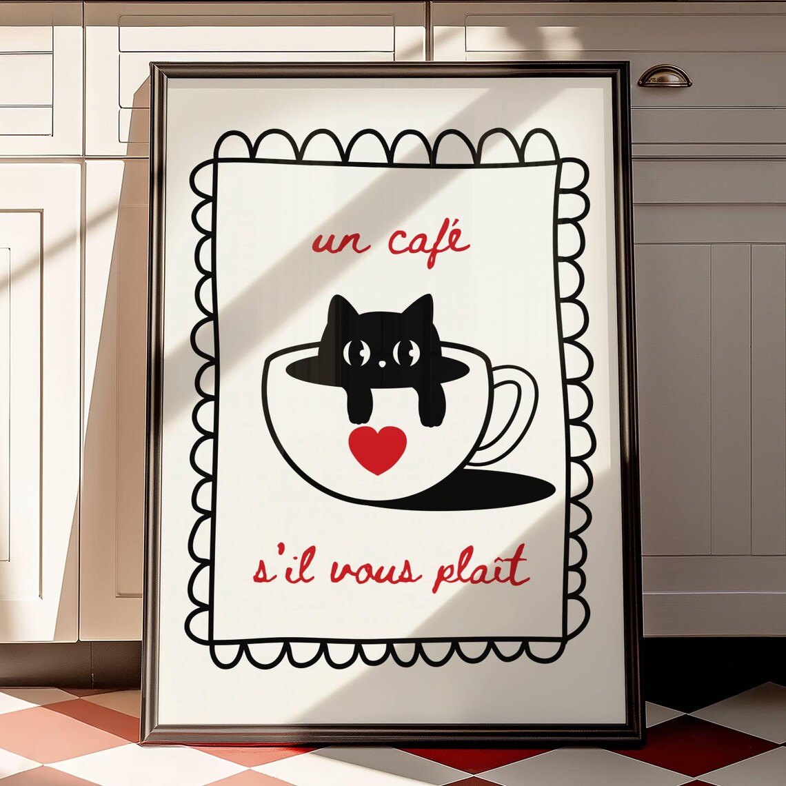 Un Cafe Sil Vous Plait Black Cat in Coffee Cup Red Heart French Print