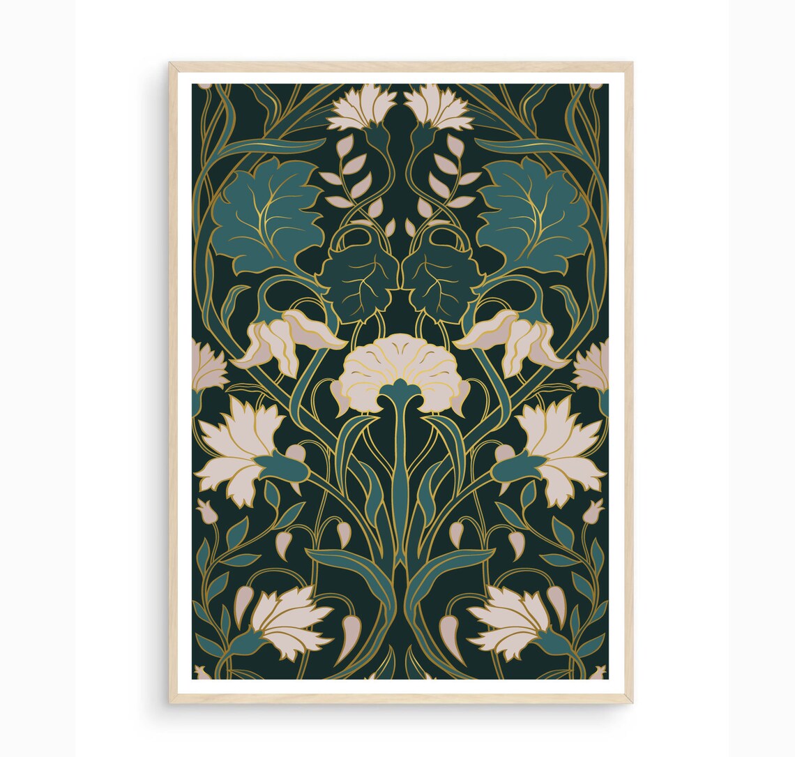 Elegant Art Nouveau Floral Pattern in Teal and Cream Ornate Poster