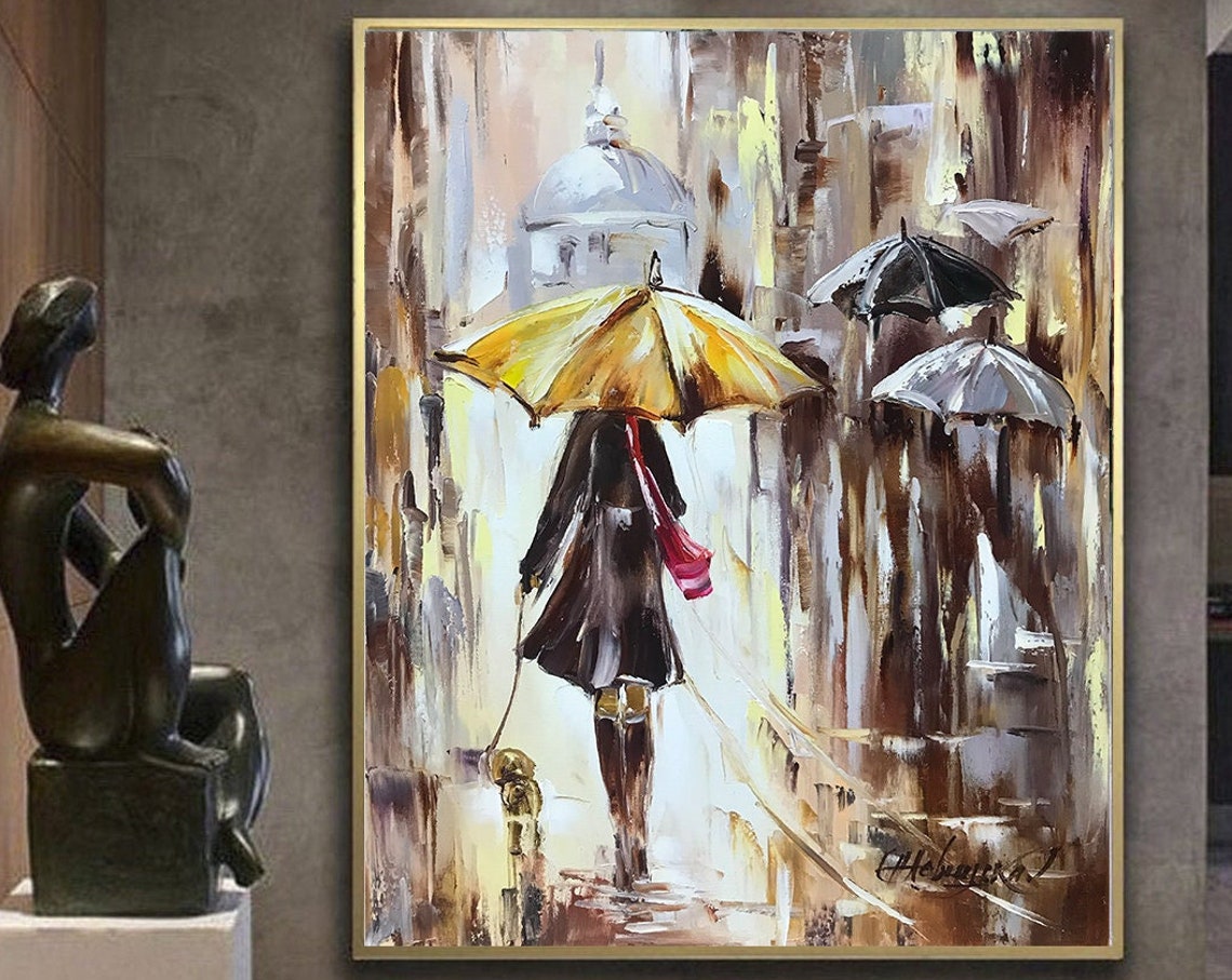 Woman With Yellow Umbrella Rainy City Street Dog Walk Art Poster