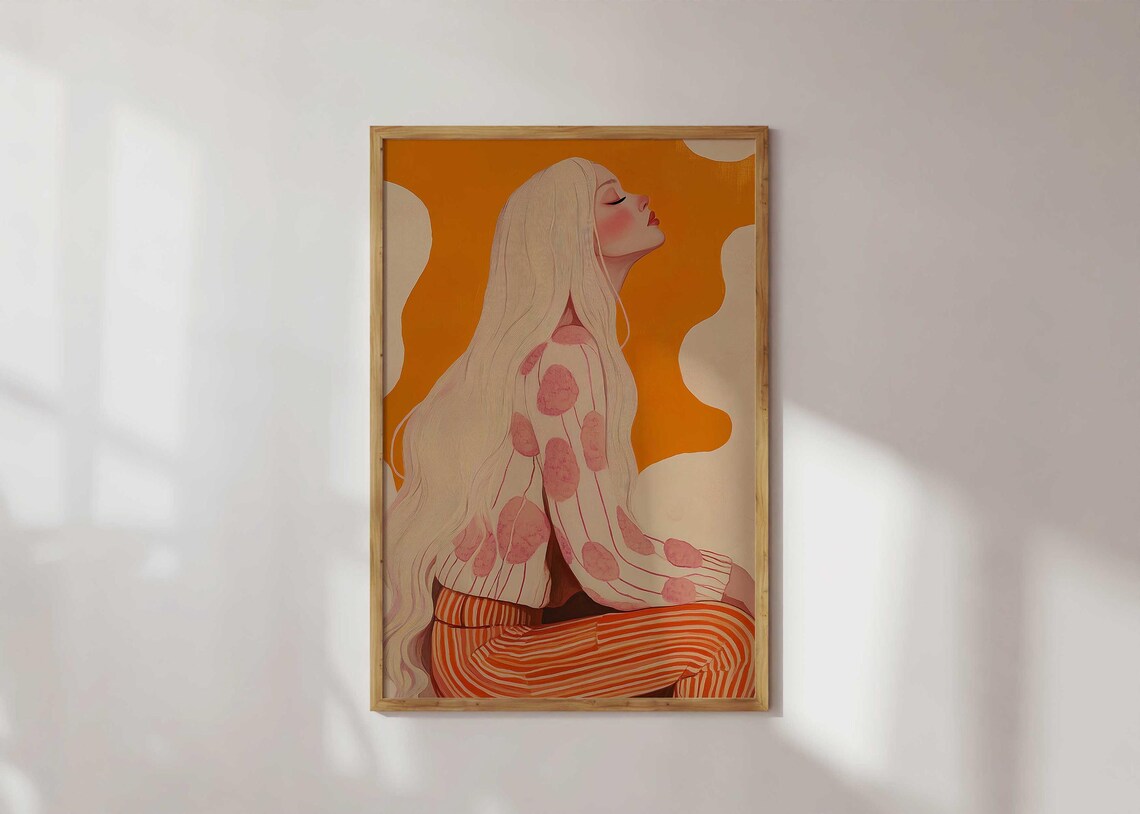 Serene Blonde Woman Polka Dot Blouse Portrait Poster Orange Abstract Decor