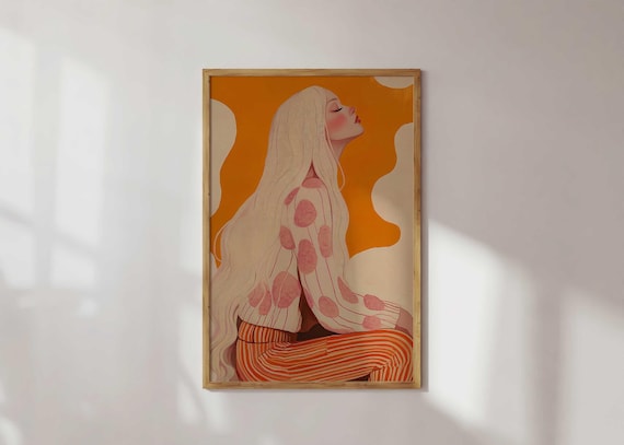 Serene Blonde Woman Polka Dot Blouse Portrait Poster Orange Abstract Decor
