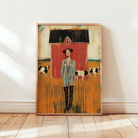 Farmhouse Girl Print Country Fashion Wall Art Modern Cow Red Barn Rustic Style Poster Whimsical Rural Decor Bold Female Figure