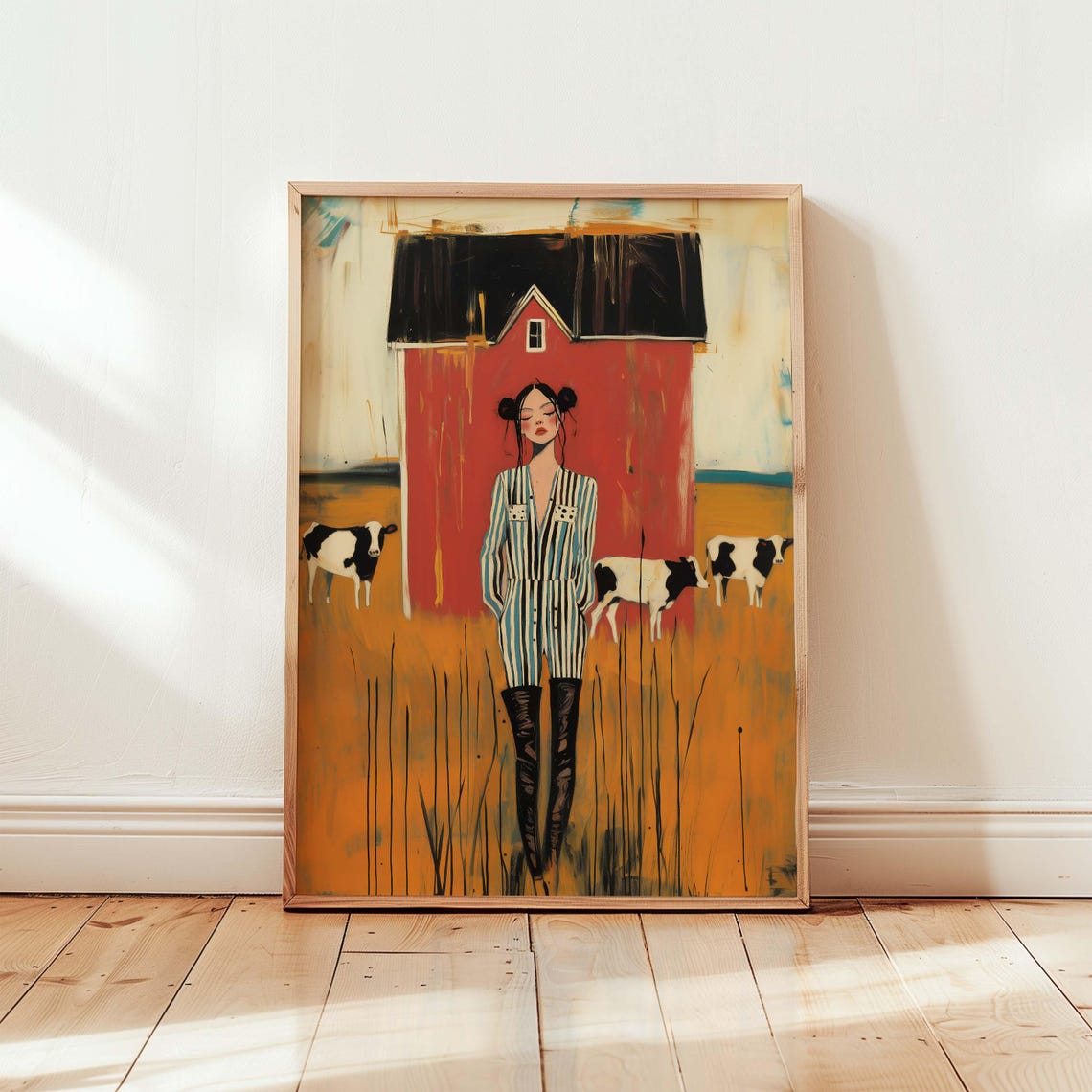 Farmhouse Woman With Cows and Red Barn Rustic Country Art Poster