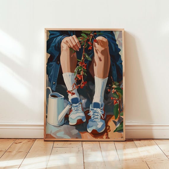 Fashion Wall Art Vintage Garden Sneakers Print Retro Floral Painting Cozy Nature Decor Moody Botanical Artwork