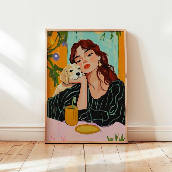 Eclectic Fashion Wall Art Feminine Portrait Print Woman And Dog Illustration Whimsical Bold Colorful Decor Stylish Modern