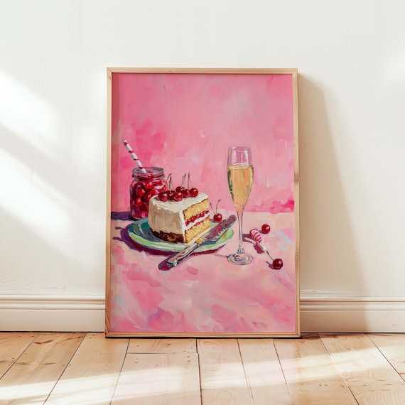 Cherry Cake Champagne Pink Celebration Dessert Art Party Poster