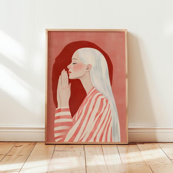 Praying Woman Spiritual Minimalist Sketch Feminine Meditative Line Art Poster