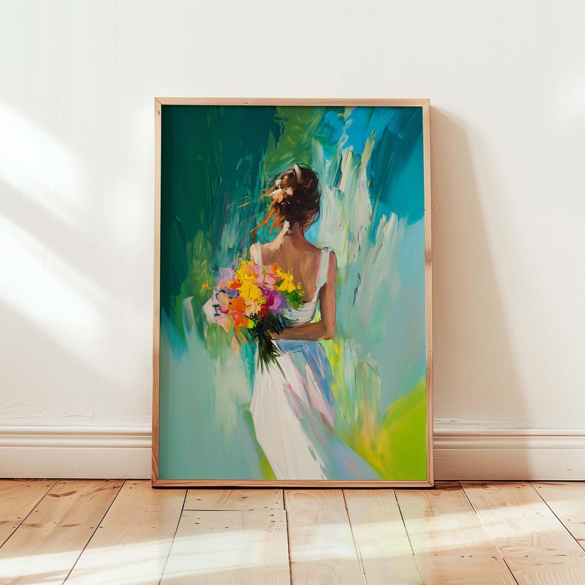 Woman Holding Flower Bouquet Impressionist Teal Floral Art Poster