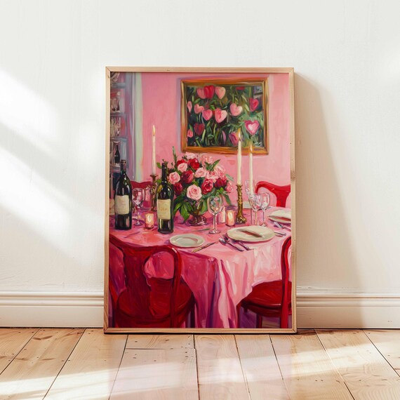 Romantic Pink Dinner Party Wine Roses Candlelit Table Painting Art Poster