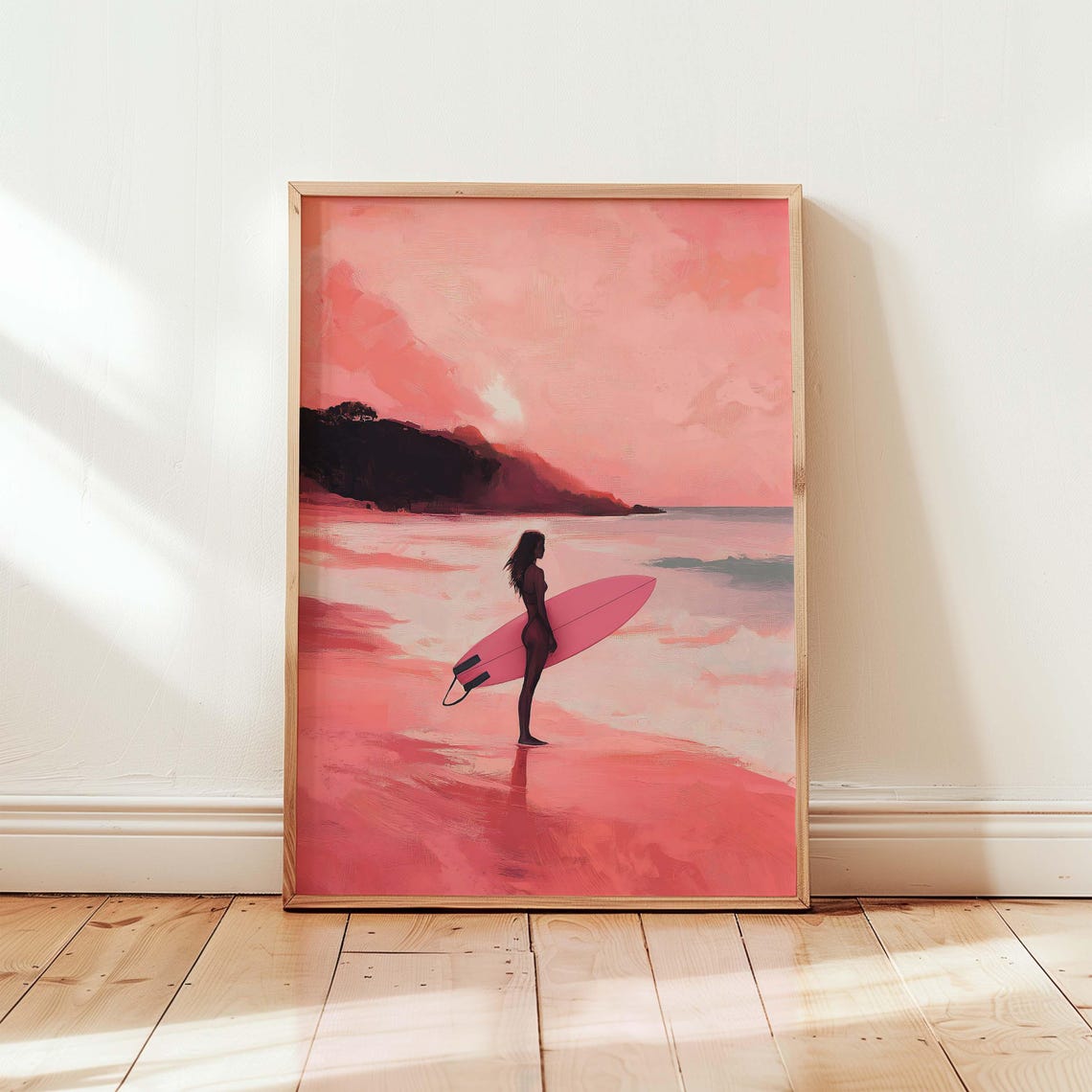 Pink Sunset Surfer Girl Beach Minimalist Ocean Surf Scene Poster