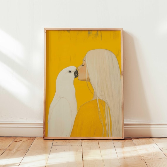 Figurative Painting Yellow Cockatoo Art Print Modern Minimalist Animal Wall Woman And Bird Illustration Vibrant Contemporary Decor