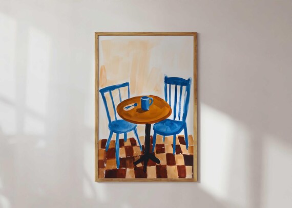 Retro Cafe Wall Art Bold Blue Chairs Print Vintage Coffee Decor Checkered Floor Poster Colorful Kitchen Eclectic