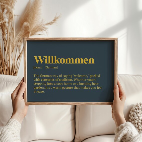 Willkommen German Welcome Word Poster Navy Gold Definition Warm Greeting