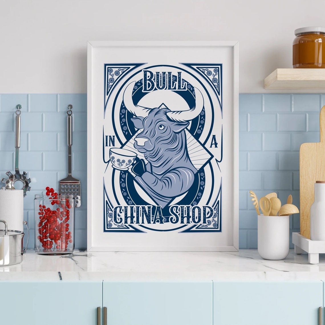 Bull In A China Shop Funny Delft Blue Bull Illustration Poster