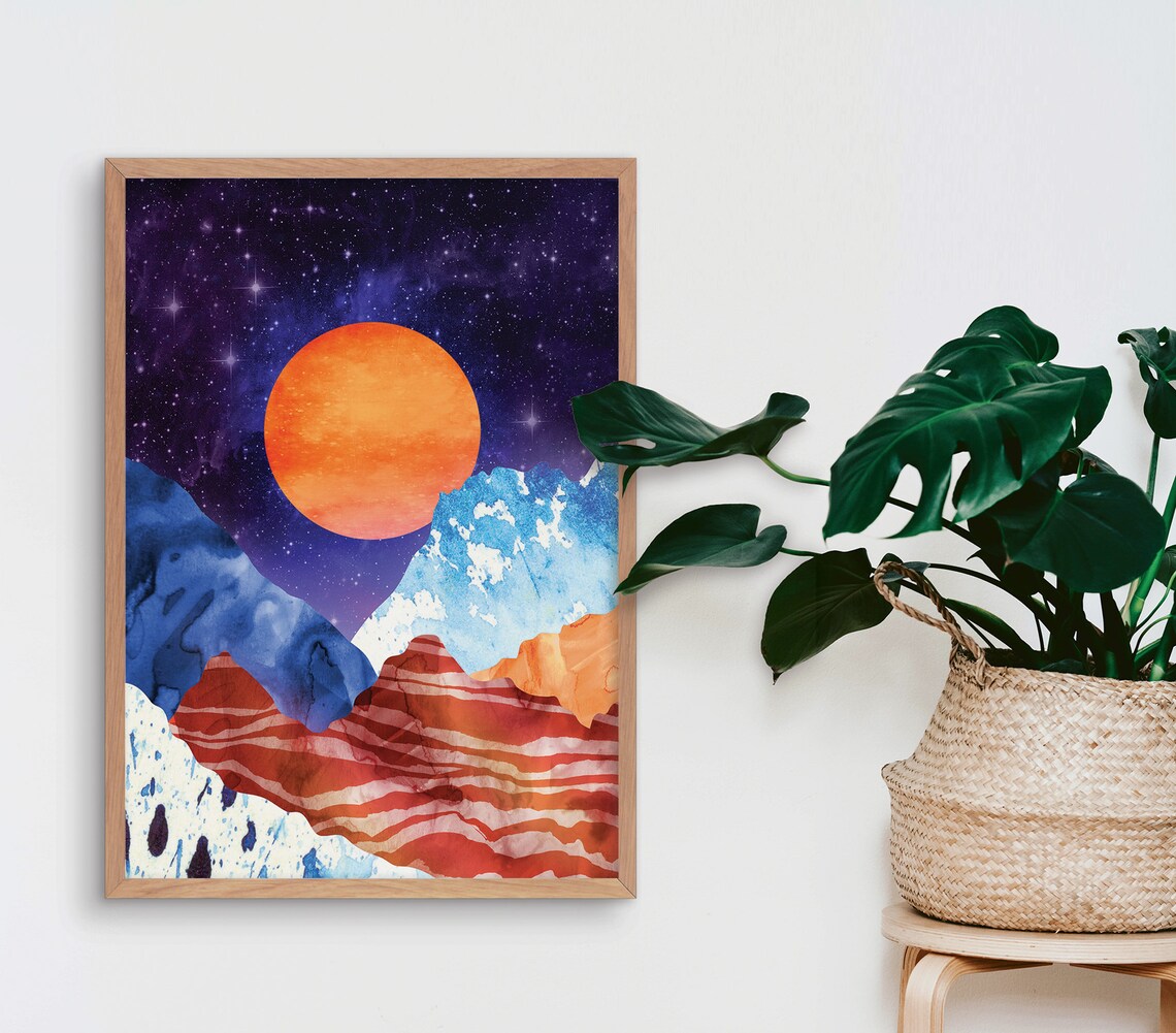 Orange Moon Mountain Art Print, Desert Landscape - Image 3