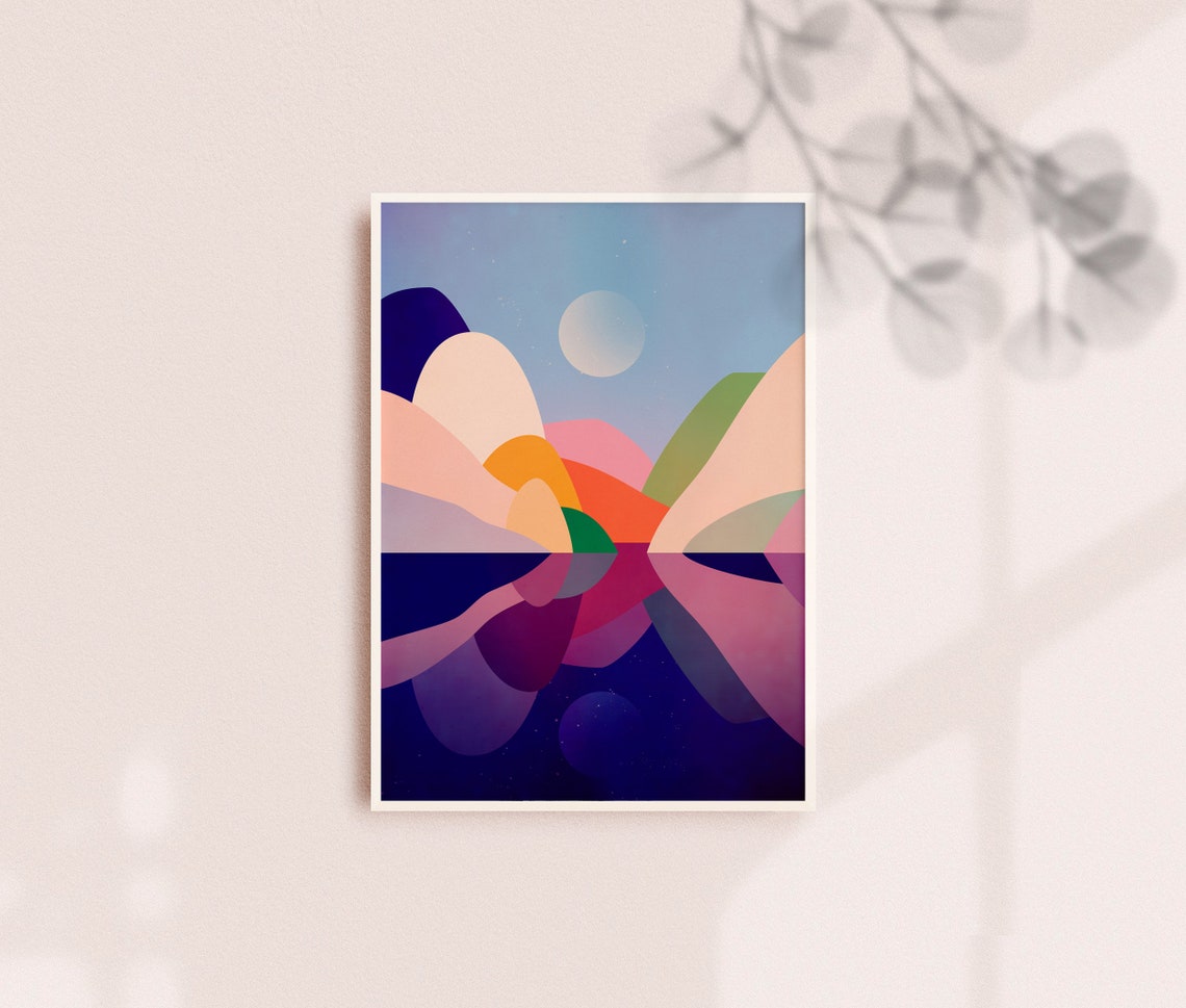 Day and Night Abstract Landscape Pastel Hills Starry Sky Art Poster - Image 2